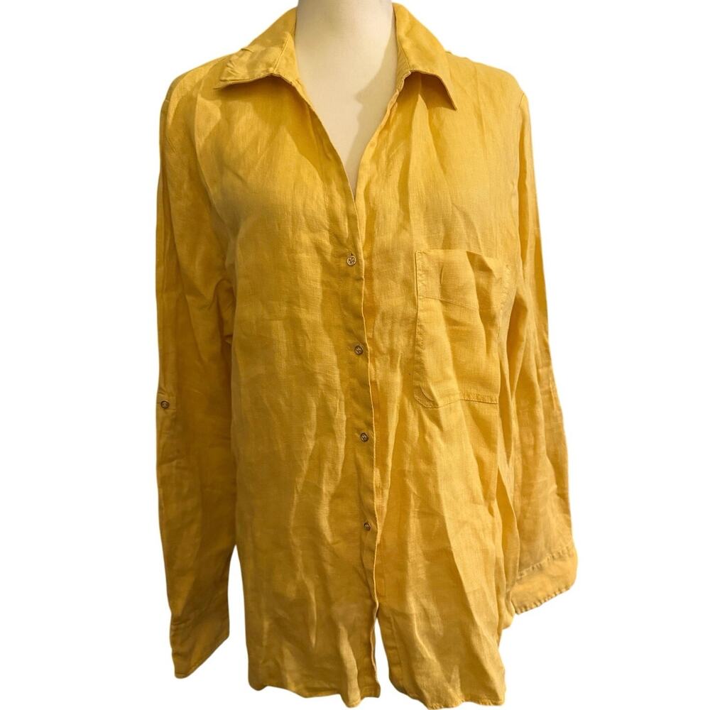 Zara 100% Linen Mustard Yellow Button Front Shirt Blouse, Women's Plus Size 2X
